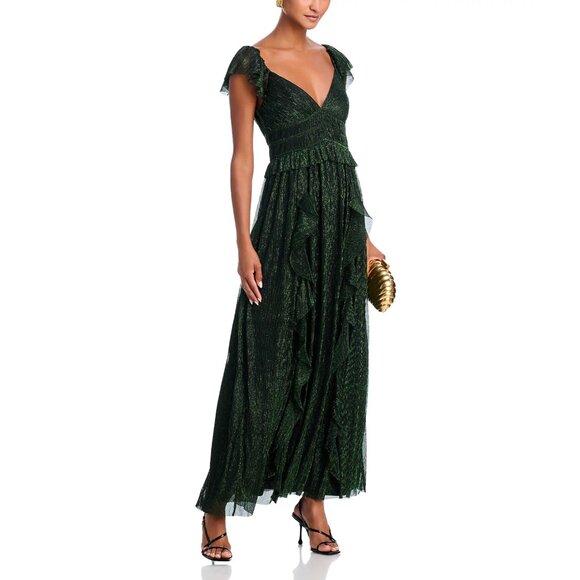 AQUA x WICKED 💚 Metallic Ruffled Holiday Party Maxi Dress, Black/Green, NWT - Picture 2 of 16